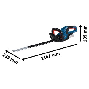 Taille-haies sans fil Bosch Professional GHE 18V-60 Solo avec dimensions, bleu/noir.