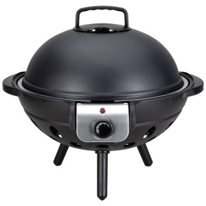 Grill elettrico nero Nouvel Globe con coperchio e controllo della temperatura. Grill compatto per balcone e giardino.