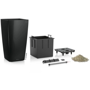 Pot de fleurs Lechuza Cubico Premium, 22 cm, noir brillant, avec accessoires pour système d'arrosage.