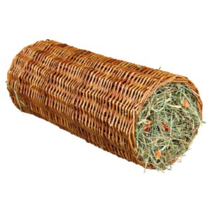 Tunnel en saule avec foin et carotte pour petits rongeurs, Ø 15 cm, longueur 33 cm.