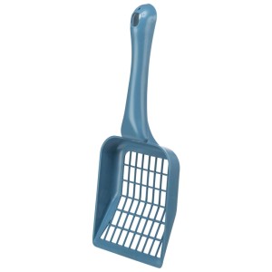 Pelle à litière Trixie bleue en plastique, taille M, avec grille pour bac à litière.