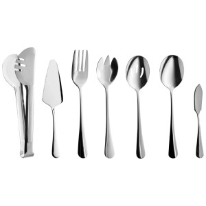 Set 7 ustensiles de cuisine Beliani Ziti en acier inoxydable argenté: pince, pelle à tarte, fourchettes, cuillères, couteau à beurre.