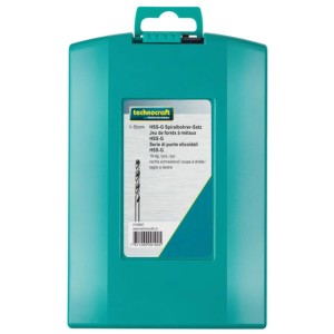 Set punte elicoidali Technocraft HSS-G, 19 pz, in valigetta plastica verde acqua con illustrazione punta.