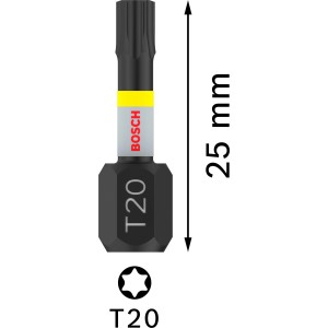 Punta avvitatore Bosch T20 Impact Control, 25 mm, nera con anello giallo e simbolo T20.