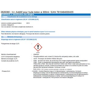 Étiquette de l'additif d'huile Autoplus 300 ml avec avertissements de danger.