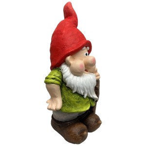 Gartenzwerg mit Welcome-Schild, 41 cm hoch, rote Mütze, grüne Jacke, aus Magnesia.