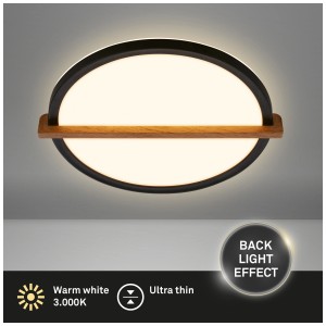Plafonnier LED moderne avec décor bois et bord noir, lumière blanc chaud.