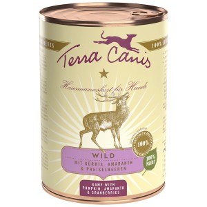 Lattina di cibo umido per cani Terra Canis Classic Wild con cervo, zucca, amaranto e mirtilli rossi.