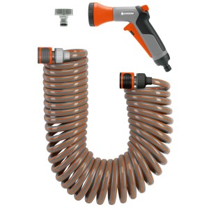 Set tubo a spirale Gardena 10 m con doccetta a impulsi e raccordo per rubinetto per irrigazione giardino.