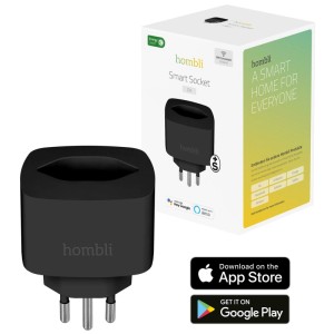 Schwarze Hombli Smart Steckdose CH für Hausautomation, WLAN-fähig, 2500W, 16A.