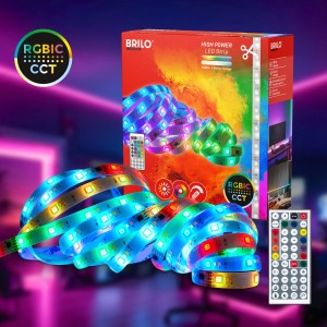 Striscia LED Brilo RGBIC CCT 24W, 5m, con telecomando e confezione. Striscia LED per illuminazione flessibile.