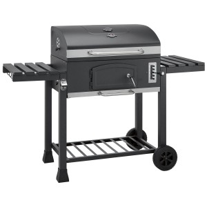 Barbecue à charbon de bois Jamestown Jaxon XL : Chariot avec couvercle, tablettes latérales et rangement.