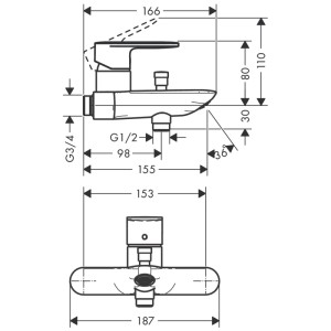 Disegno tecnico miscelatore vasca Hansgrohe Vernis Blend, misure in mm.