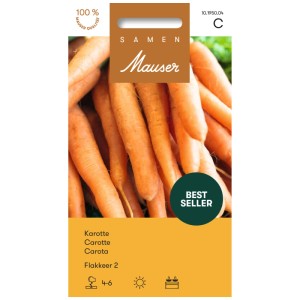 Samenpackung Karotte Flakkeer 2: Konische, orangefarbene Karotten, ertragreiche Sorte.