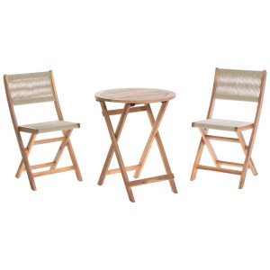 Set bistrò Beliani Prossedi: tavolo e 2 sedie pieghevoli in legno di acacia con corda beige per balcone.