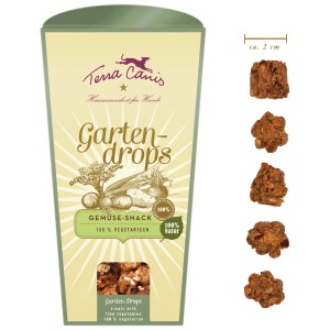Terra Canis Garden Drops snack vegetale per cani, confezione da 250g e pezzi singoli.