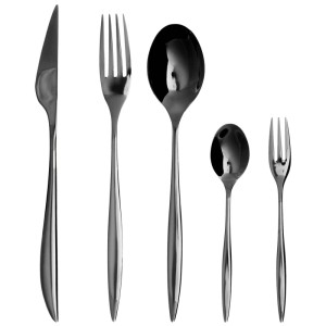 Set de couverts Beliani Farfalle noir brillant 30 p. en acier inoxydable. Couteau, fourchette, cuillère et fourchette à dessert.