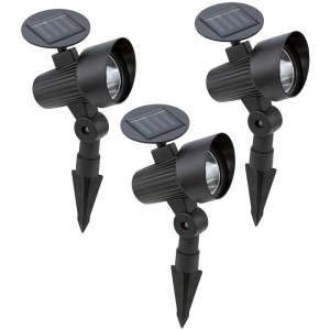 3er Set schwarze Eglo LED Solarleuchten mit Erdspieß für den Garten.