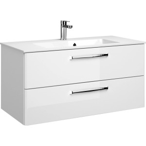 Meuble sous-vasque Pelipal Trentino, blanc brillant, 105 cm de large, avec deux tiroirs et poignées chromées.
