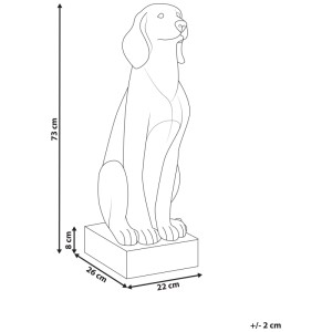 Skizze der Beliani Gartenskulptur Nairobi Hund. Sitzende Hundefigur mit Maßen: 73 cm hoch, Basis 22x26 cm.