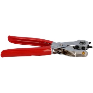 Pince emporte-pièce pour cuir, 200 mm, avec poignées rouges et tête rotative pour des trous précis.