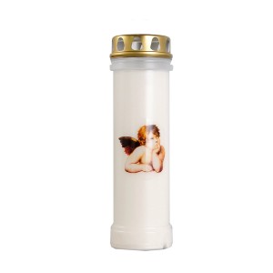 Bougie funéraire blanche avec motif d'ange, Balthasar, hauteur 24,5 cm. Résistante aux intempéries et anti-goutte.