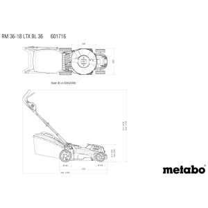 Tagliaerba a batteria Metabo RM 36-18 LTX BL 36: Disegno tecnico con vista laterale e dall'alto, larghezza taglio 36 cm.