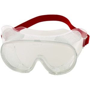 Lunettes de protection intégrales avec verres transparents en polycarbonate et élastique rouge.