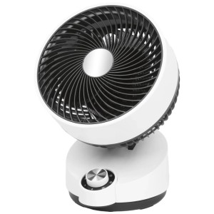 Ventilateur de table blanc avec rotor noir et molette de réglage de la vitesse.