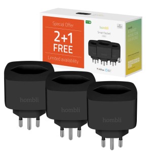 Hombli Smart Swiss Steckdose 2+1 Promo Pack in Schwarz für die Hausautomation.