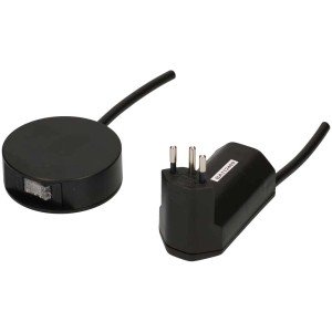 Schwarzer Max Hauri Zwischenstecker mit Schalter T12/T13 und 2m Kabel.