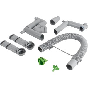 Siphon de cuisine Prevex Smartloc pour 2 bacs, gris, avec tuyaux flexibles et accessoires.