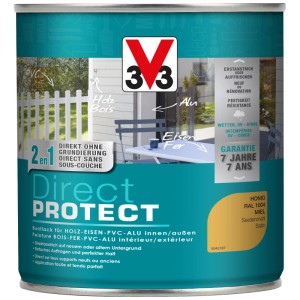 Barattolo di vernice V33 Direct Protect color miele, finitura satinata. Per legno, ferro, PVC e alluminio, per interni ed esterni.