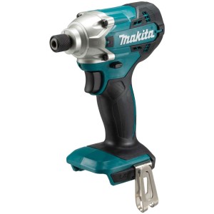 Avvitatore a impulsi a batteria Makita DTD156Z (senza batteria) in turchese e nero con clip da cintura.