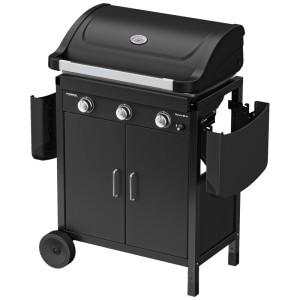 Campingaz Gas Grill Plancha EX3, grill nero con tre bruciatori, piastra, termometro sul coperchio e tavolino laterale pieghevole.