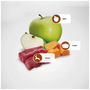 Ingrédients pour croquettes N&D chat: viande de cerf crue, pommes vertes et potiron orange. Pour chats adultes.