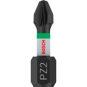 Inserto cacciavite Bosch Impact Control 25mm PZ2 nero con banda verde. Robusto per avvitatori a impulsi.