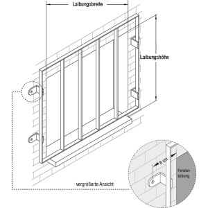 Technisches Diagramm: Alberts Fenstergitter Friedberg, Montage an Ziegelwand, mit Maßen für Laibungsbreite und -höhe. Detailansicht der Befestigung.