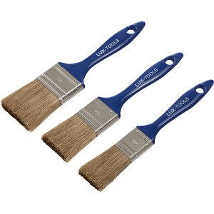Set di pennelli piatti LUX per vernice, 3 pezzi: Pennelli di larghezza 30, 40 e 50 mm con manico blu.