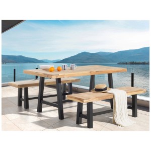 Tavolo da giardino Beliani Scania in legno acacia, piano marrone, gambe nere, con panche.