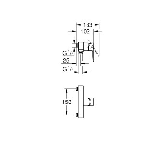 Disegno tecnico del miscelatore monocomando per doccia Grohe Lineare in cromo con dimensioni.