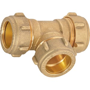 Raccordo a T a compressione in ottone Ø 22 mm per idraulica e riscaldamento.