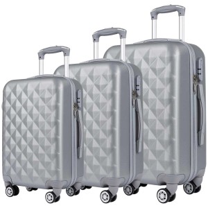 Ensemble de 3 valises trolley argentées en plastique ABS avec serrure à combinaison et poignée télescopique.