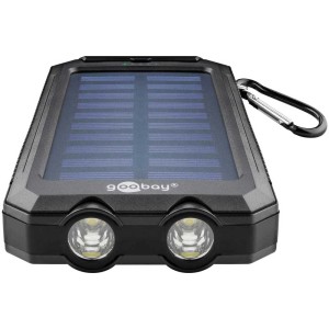 Powerbank solare da esterno nera 8000 mAh con pannello solare, torcia LED e moschettone.