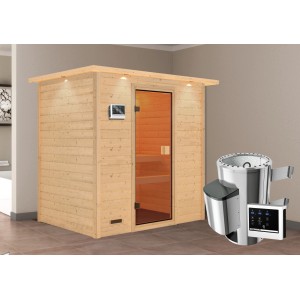 Sauna Karibu Selena con stufa e corona LED sul tetto in legno naturale con porta in vetro bronzato.