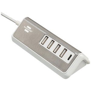 Chargeur USB multiple Brennenstuhl avec 4 ports USB-A et 1 port USB-C, chrome/textile, câble de 1,5 m.