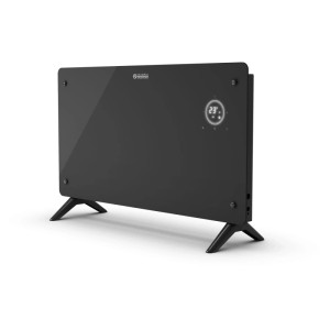 Termoconvettore nero Olimpia Splendid Caleo Glass WiFi con touchscreen e piedini.