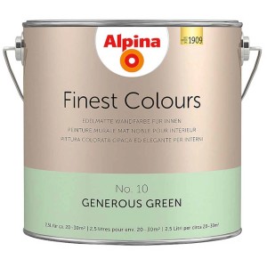 Boîte de peinture murale Alpina Finest Colours Generous Green, 2,5 l. Peinture d'intérieur verte mate.