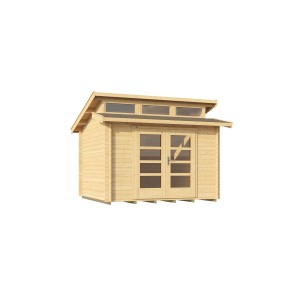 Abri de jardin en bois Weka non traité avec toit monopente et double porte avec fenêtres.