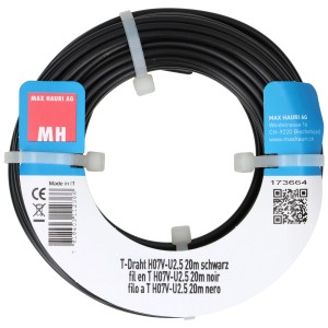 Fil T noir H07V-U, 2,5 mm², rouleau de 20 m pour installations électriques.